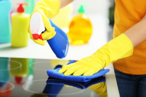 Supervisor reviewing safe cleaning procedures with staff