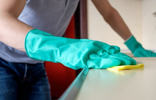 Professional cleaner using protective equipment during service