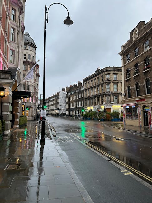 A wet street scene in Mayfair with polished stone pavements reflecting ambient light from street lamps and building windows. Classic Georgian-style buildings with large windows and decorative stonework line both sides of the street, housing shops and residences. A vintage-style streetlamp stands prominently near the curb, casting a faint glow. The sky is overcast, indicating recent rain or ongoing drizzle, with no pedestrians or vehicles visible. The overall scene emphasizes cleanliness and the maintained appearance of the urban environment, consistent with professional cleaning standards. Cleaner Mayfair provides expert domestic cleaning and surface sanitisation services, ensuring the presentation and hygiene of such residential and commercial areas.